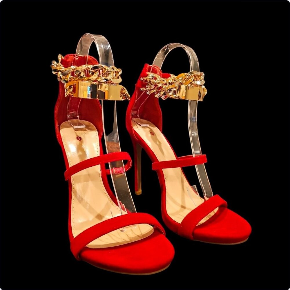 Red High Heel Sandals With Gold Chain Ankle Strap - Picture 2 of 10